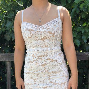 White Strappy Lace Contrast Bodycon Dress US 4